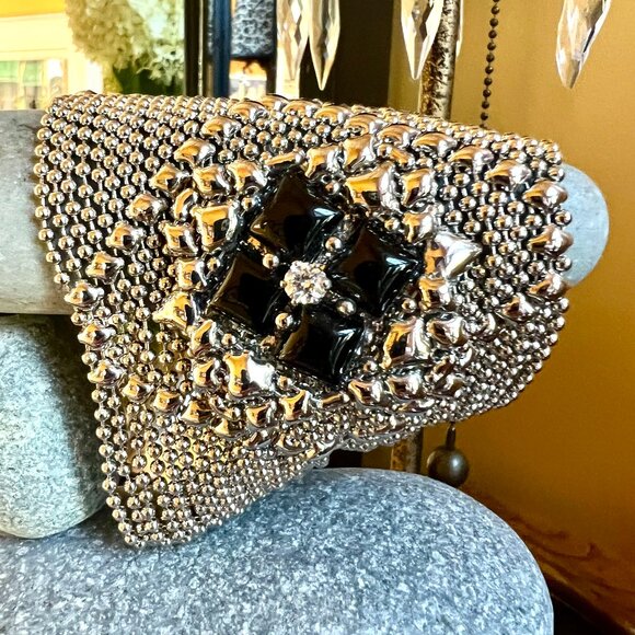 Gorgeous Unique Surgio Gutierrez Liquid Metal & Onyx Framed Zircon Bracelet - Picture 7 of 15